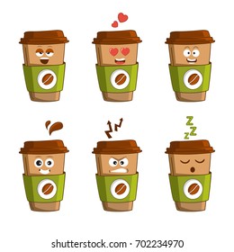 Emoji cup of coffee vector set. Cartoon cute cup of coffee face emoticons. Cup whith funny faces stickers, flat cartoon style. Isolated on white background