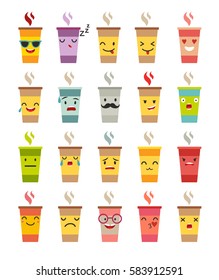 Emoji cup of coffee/tea vector set. Cartoon cute cup of coffee face emoticons. Cup whith funny faces stickers, flat cartoon style. Isolated on white background