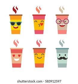 Emoji cup of coffee/tea vector set. Cartoon cute cup of coffee face emoticons. Cup whith funny faces stickers, flat cartoon style. Isolated on white background