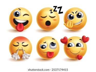 Conjunto de Vector de personajes lindos de emoji. Personaje de cara de emoticono en expresiones faciales tontas, traviesas, somnolientas, arrogantes, locas y enamoradas para colección de íconos gráficos en 3D. Conjunto de emojis de Ilustración vectorial 