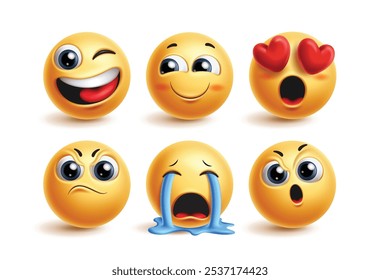 Emoji conjunto de vetores de personagens bonitos. Emojis rosto personagem em feliz, piscando, tímido, no amor, irritado, chorando e desapontado expressão facial para a coleção de ícones 3d. Elemento gráfico de emoticons de ilustração de vetor 