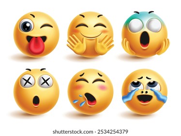 Conjunto de Vector de personajes emoticón lindo Emoji. Emojis 3d icono amarillo en feliz, travieso, guiño, saludando, miedo y expresión facial tonta aislado en el fondo blanco. Emoticonos de Ilustración vectorial 