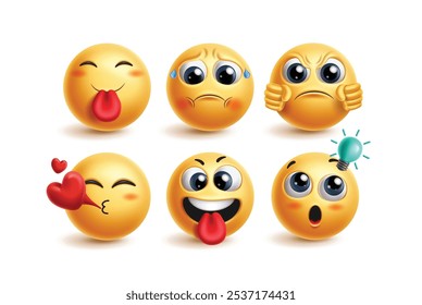 Emoji cute emoticon characters vector set. Emoticons face character in charming, lovely, worried, arrogant, flying kiss and clever facial expressions for 3d graphic icon collection. Vector 