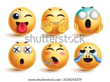 Emoji cute emoticon characters vector set. Emojis 3d yellow icon in happy, naughty, winking, waving, afraid and silly facial expression isolated in white background. Vector illustration emoticons 