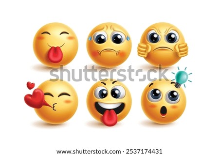 Emoji cute emoticon characters vector set. Emoticons face character in charming, lovely, worried, arrogant, flying kiss and clever facial expressions for 3d graphic icon collection. Vector 