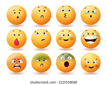 Emoji cute emoticons vector set design. Emoticon character faces with cross eyes, happy, smiling and angry reaction for emojis funny face collection. Vector illustration.
