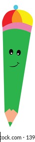 Emoji of a cute green pencil wearing a colorful summer hat has a closed smile turning up to the cheek while the tip facing down  vector  color drawing or illustration