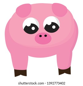 Emoji of a cute pig pink with a round face looks cute while standing with its eyes rolled down  vector  color drawing or illustration