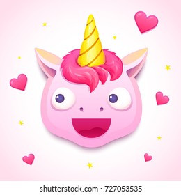 Emoji cute pink unicorn, face of a character with eyes looking to the side, vector illustration