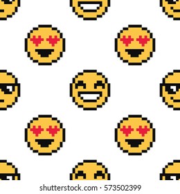 Emoji cute seamless pattern on white background. 8-bit pixel art backdrop. Vector illustration.