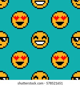 Emoji cute seamless pattern on blue background. 8-bit pixel art backdrop. Vector illustration.