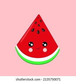 Emoji cute watermelon face, Kawaii Japanese style Cute emoticon colorful illustration Watermelon flat cartoon style, textile print, kids room decoration, packaging, vector illustration