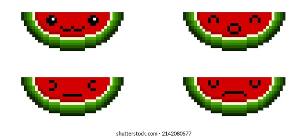 Emoji cute Watermelon with face Pixel Art isolated on white Background. Vector illustration.