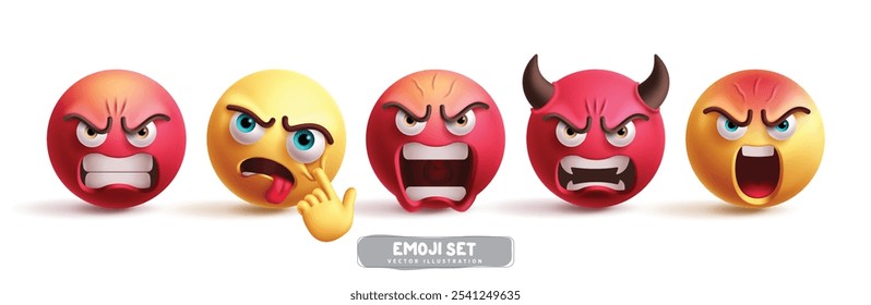 Emoji Dämon Zeichen Vektor-Set. Emojis Emoticon-Charakter-Icon-Sammlung in böse, verärgert, schreien, grausam und schreien Gesichtsausdrücke auf weißem Hintergrund. Grafikdesign der Vektorgrafik 