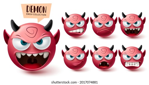 Emoji demon emoji vector set. Emojis halloween red mascot character collection isolated in white background for graphic design elements. Vector illustration
