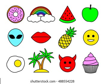 Emoji design set. Emoticon Pins or Patches, Stamps, Icons, Stickers. Vector illustration isolated on white background. Donut, cupcake, smile, alien, lips, pineapple, green apple, rainbow.