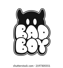 Emoji with devil horns print for t-shirt concept. Bad boy quote. Vector hand drawn doodle line cartoon illustration