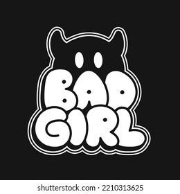 Emoji with devil horns print for t-shirt concept. Bad girl quote. Vector hand drawn doodle line cartoon illustration