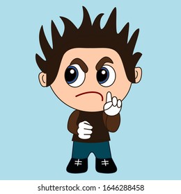 emoji with dissatisfied frowned man stopping unacceptable behavior or warning someone with raised finger, wait a second pose, simple colored emoticon