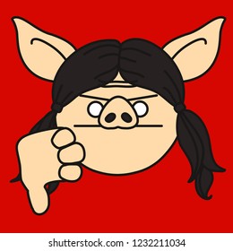 emoji with dissatisfied pig woman with frowned face who is giving a thumbs down with almost open palm & lowered big finger on right hand, unsatisfied gal throws a dis or dislike