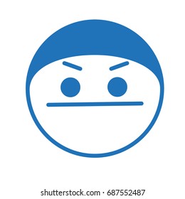 Emoji with dissatisfied thug or pirate wearing bandanna, "no words" facial expression, circle or ball shaped cartoon character drawing, simple hand drawn flat line icon from set, eps 10