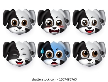 Emoji dogs vector set. Emoticons and emojis of puppy dog face in excited and scared mood and emotion isolated in white background. Vector illustration 3d realistic.
