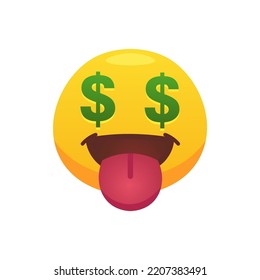 Emoji dólar se enfrenta a un icono plano para el diseño web. Icono de círculo de emoción amarillo caricatura sonriendo, riendo y llorando ilustraciones vectoriales aisladas. Sensación de expresión y concepto de comunicación