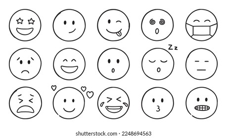 Emoji doodle icons. Set of happy, sad, smiling faces. Funny emoticons in sketch style.  Hand drawn vector illustration isolated on white background
