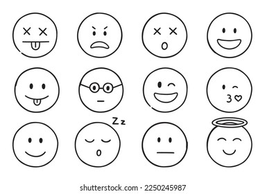 Emoji doodle icons. Set of happy, sad, smiling faces. Funny emoticons in sketch style.  Hand drawn vector illustration isolated on white background