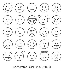 Emoji doodle icons. Set of happy, sad, smiling faces. Funny emoticons in sketch style.  Hand drawn vector illustration isolated on white background