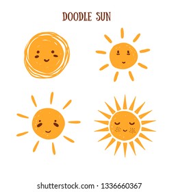 Emoji doodle sun collection, smiling sign of summer, good weather. Cartoon morning symbol