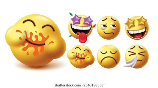 Emoji drooling emoticon character vector set. Emojis starving, licking and spitting graphic elements with yellow emoticons  naughty, sad, happy, drooling and disappointed faces icon collection. Vector