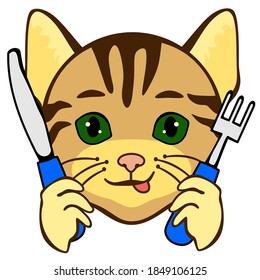 emoji with drooling hungry cat that is ready to eat & sticking his tongue out with fork and knife in his hands, simple colored emoticon