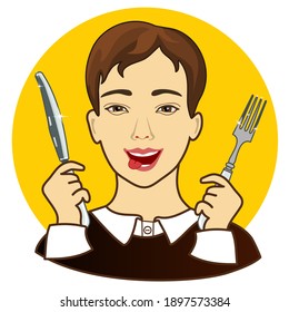 emoji with drooling hungry man that is ready to eat and sticking his tongue out with fork and knife in his hands, simple colored emoticon