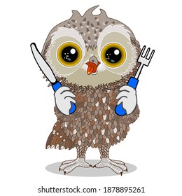 emoji with drooling hungry owl that is ready to eat and sticking its tongue out with fork and knife in its hands, colored emoticon