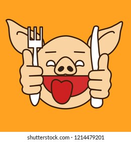 emoji with drooling hungry pig guy that is ready to eat & sticking his tongue out with fork and knife in his hands, simple hand drawn emoticon, simplistic colorful picture, eps 10 vector clip art