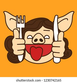 emoji with drooling hungry pig woman that is ready to eat & sticking her tongue out with fork & knife in her hands, simple hand drawn emoticon, simplistic colorful picture, eps 10 vector clip art