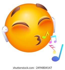 Emoji with earphones singing and listening to music. Emoji for party, celebration, invitation, card, print, graphic design elements. Cute emoticon on a white background.
