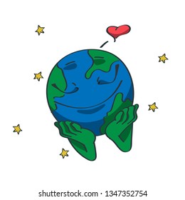 Emoji Earth in love. A cartoon illustration . Cartoon Isolated print for flyer, badges, sticker, poster, postcard, patches, banner, scrapbooking. Vector illustration