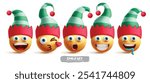 Emoji elf christmas character vector set.  Emojis xmas emoticons in happy, kiss, shock, cute smile and hungry facial expressions wearing green and red hat costume in white background. Vector