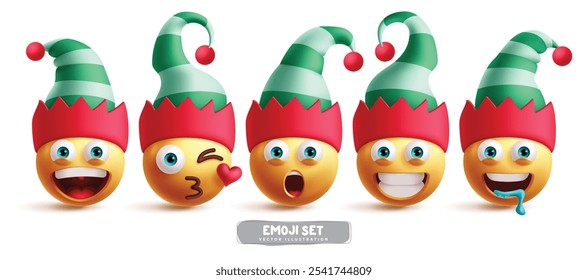 Emoji elf christmas character vector set.  Emojis xmas emoticons in happy, kiss, shock, cute smile and hungry facial expressions wearing green and red hat costume in white background. Vector