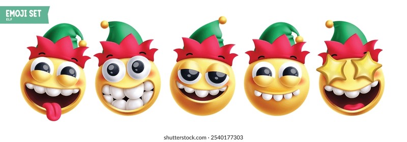 Emoji elf christmas emoticon characters vector set. Emojis xmas character in happy, naughty, smiling, funny, lonely, sad, amaze and cute 3d round face elements collection. Vector illustration emojis 