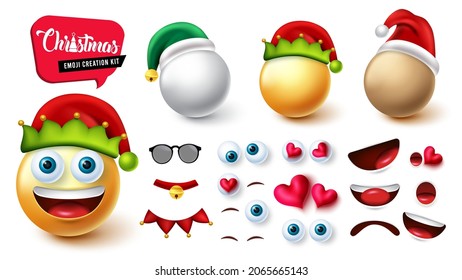 Emoji elf creator kit vector set. Emojis christmas 3d face creation of elf, snowman and santa with editable facial reaction for xmas character expression creation design. Vector illustration.
