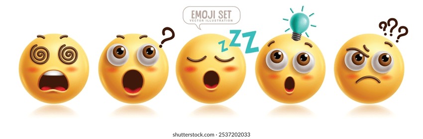 Emoji Emoticon 3D-Zeichen-Vektorsatz. Emoticon Gesichtsausdruck in niedlich, schwindelig, fragend, schläfrig, müde, clever und verwirrt Gesichter für grafische Elemente Sammlung. Vektorgrafik Emojis 3D-Symbol 