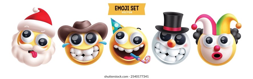 Emoji emoticon juego de Vectores de personajes 3d. Personaje de emojis como santa claus, vaquero, muñeco de nieve y payaso emoticonos para la colección de Elementos de cara redonda. Conjunto de iconos gráficos de emojis de Ilustración vectorial 