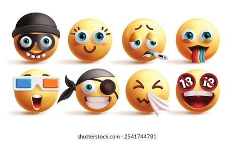 Emoji emoticon character vector set. Emojis 3d character with criminal, cute eyes, sick, happiness, watching, pirate, sneezing and censored number eighteen facial expression design elements. Vector 