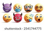 Emoji emoticon characters vector set. Emojis devil, sick, old man, dizzy, pinocchio, daemon, unwell and shock 3d facial expression graphic elements in white background. Vector illustration emoticons i