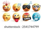 Emoji emoticon characters vector set. Emojis explode, tired, sleepy, old man, yawning, naughty, mad and cold 3d emoticons character in white background. Vector illustration yellow icon design elements