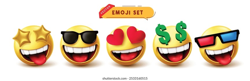 Conjunto de Vectores de personajes de emoticonos de emoji. Emojis 3d expresión facial con cara feliz, ojo de estrella, en el amor, rica y divertida colección de personajes emoticon. Ilustración vectorial emoji conjunto icono colección. 
