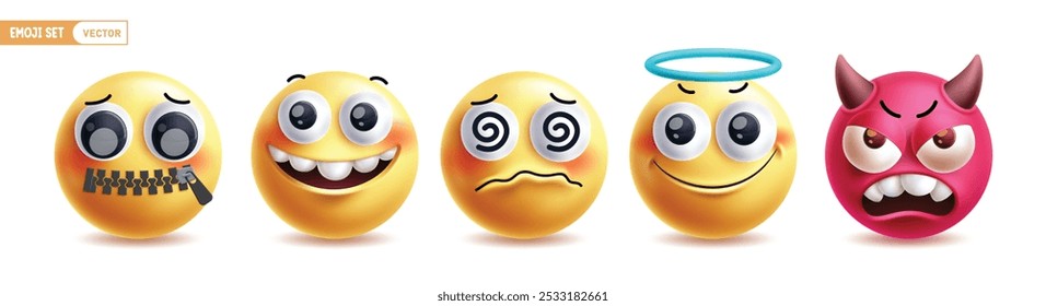 Emoji emoticon characters vector set. Emojis 3d emoticon character in quite, happy, dizzy, kind and angry facial expression icon collection in white background. Vector illustration yellow face